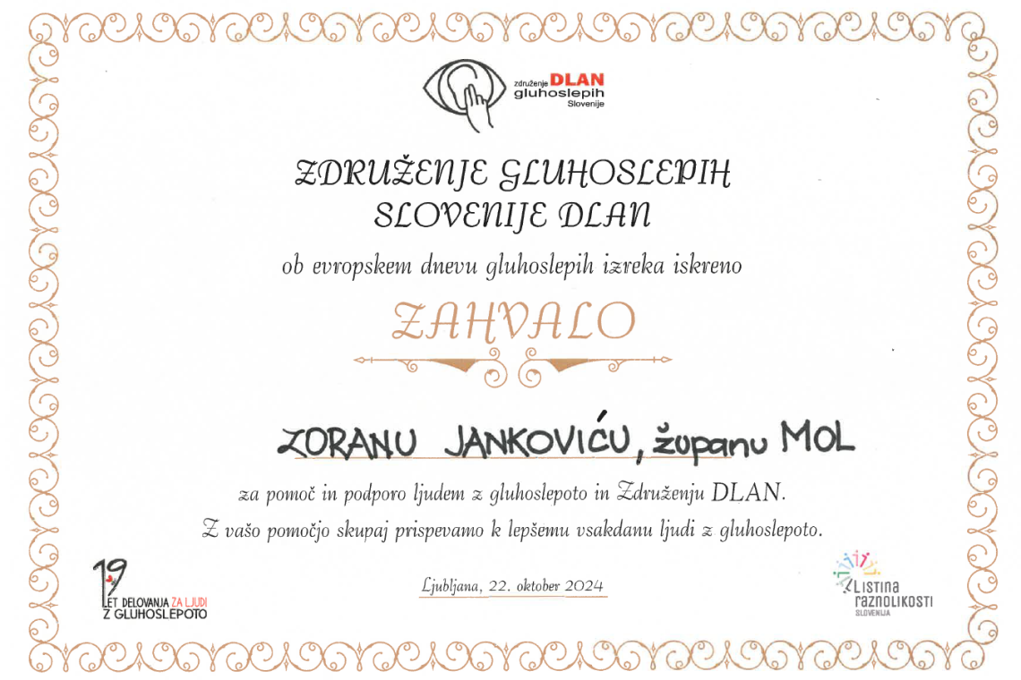Ljubljana prejela zahvaloza podporo ljudem z gluhoslepoto
